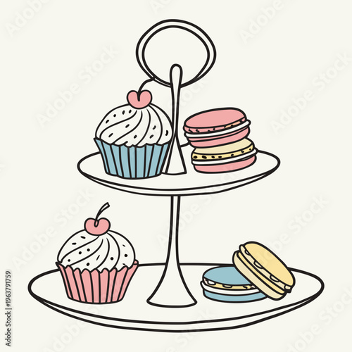 A dessert stand holding cupcakes and macarons drawn in a hand-drawn sketch style on a plain light background. Concept of bakery, sweets, and celebration. Vector .