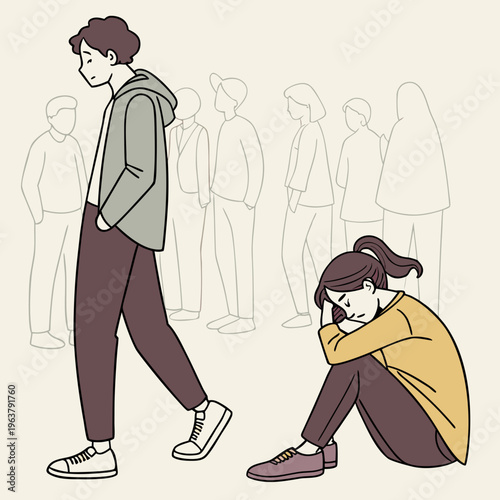 Lonely people set. Sad or upset man and woman feel lonely in crowd. Characters with psychological problems suffer from lack of friends and communication. Cartoon flat vector illustration .