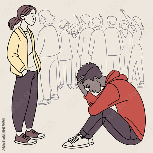 Lonely people set. Sad or upset man and woman feel lonely in crowd. Characters with psychological problems suffer from lack of friends and communication. Cartoon flat vector illustration .