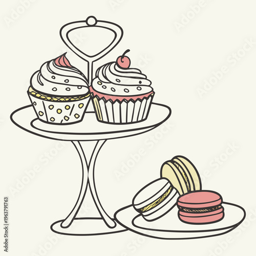 A dessert stand holding cupcakes and macarons drawn in a hand-drawn sketch style on a plain light background. Concept of bakery, sweets, and celebration. Vector .