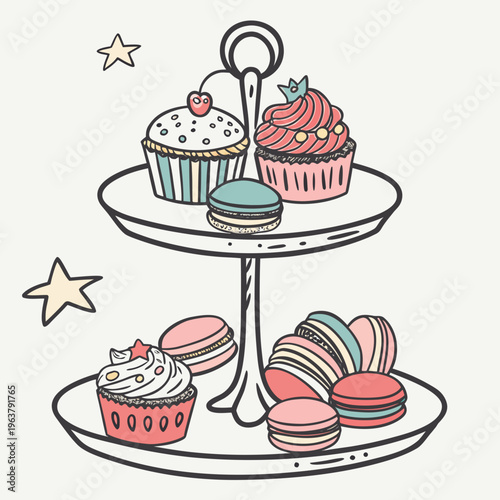 A dessert stand holding cupcakes and macarons drawn in a hand-drawn sketch style on a plain light background. Concept of bakery, sweets, and celebration. Vector .