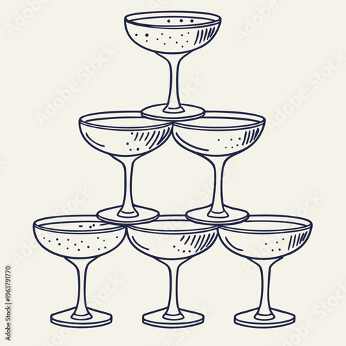 Six vintage coupe glasses arranged in a pyramid shape, simple line art style on a light background. Concept of celebration, elegance, and festivity. Vector .