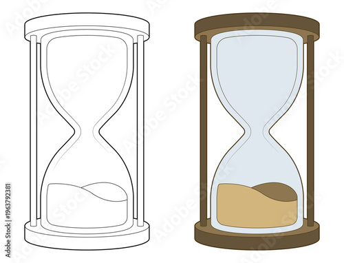 Two versions of an hourglass: a simple outline and a colored version filled with sand. Symbolizes the passage of time and waiting. Suitable for concepts of time management.
