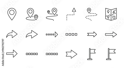 Roadmap icon set in clean outline style, modern minimal vector illustration, editable stroke, consistent line weight, collection of navigation and planning symbols including map pin, route path, locat