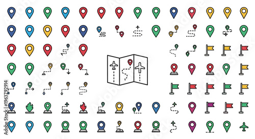 A collection of map pins and icons are displayed on a white background with a central illustration of a map.