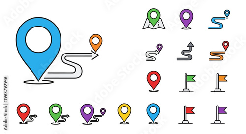 Graphic designer creates various map icons and location markers on computer.