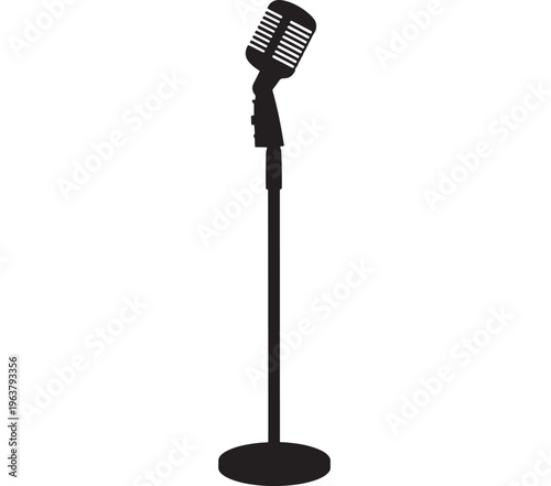 Vintage microphone on stand in black silhouette with dramatic lighting for music performance Transparent Background