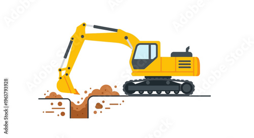 Yellow excavator digging into ground.