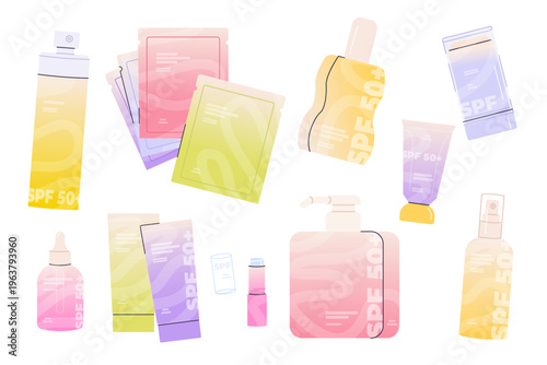 Aesthetic Summer Self-Care UV Protection Collection Sunscreen SPF 50 Sun Stick Lip Balm Vector Set Minimalist Spring Skincare Routine Illustrations Wellness Beauty Kit, Lotion Serum Mist Face Masks