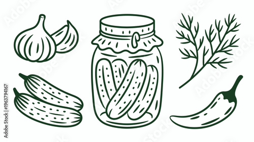 A minimalist line drawing depicts a jar full of pickles accompanied by fresh garlic dill and a chili pepper high quality professional detailed modern elegant stylish