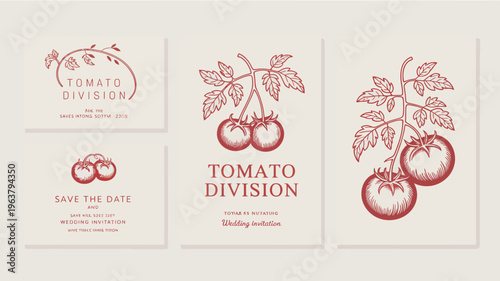 A set of vintage style wedding invitations featuring detailed botanical illustrations of tomatoes and elegant typography high quality professional modern stylish clean crisp vibrant colorful digital