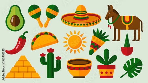 A colorful illustration showcases iconic symbols of mexico including food cultural items and desert landscape elements high quality professional detailed modern elegant stylish clean crisp vibrant