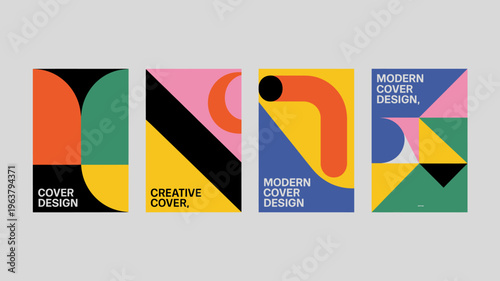 Four vibrant geometric cover designs are displayed featuring bold color blocking and abstract shapes in a modern artistic composition high quality professional detailed elegant stylish clean