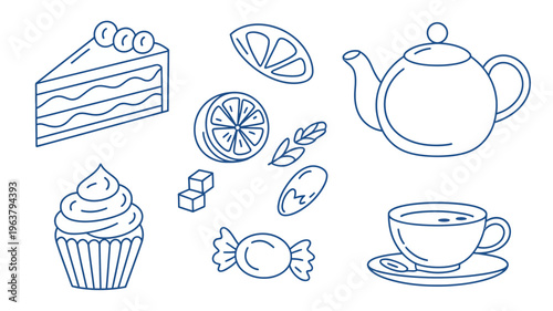 A whimsical line drawing depicts a delightful afternoon tea setting with cake sweets and a teapot high quality professional detailed modern elegant stylish clean crisp vibrant