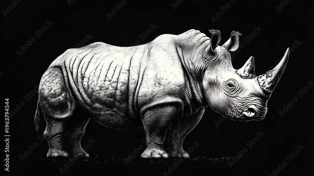 Fototapeta premium detailed monochrome rhinoceros in profile on a black background, wrinkled skin and twin horns, standing solitary with a stoic, powerful presence