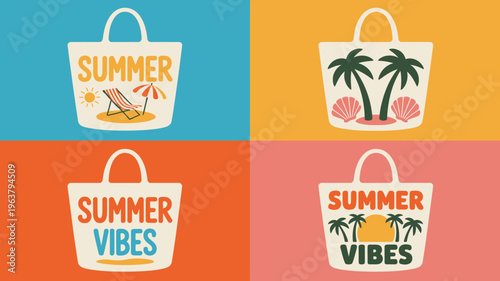 A vibrant colorful graphic depicts four tote bags with summer themed illustrations and text evoking a cheerful vacation ready atmosphere high quality professional detailed modern elegant