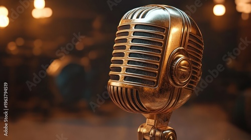 Close-up of a vintage metal microphone on a stand with warm stage lights creating a nostalgic, intimate performance mood