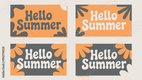 Four rectangular cards display the phrase hello summer in retro typography adorned with colorful floral and leaf illustrations high quality professional detailed modern elegant stylish clean