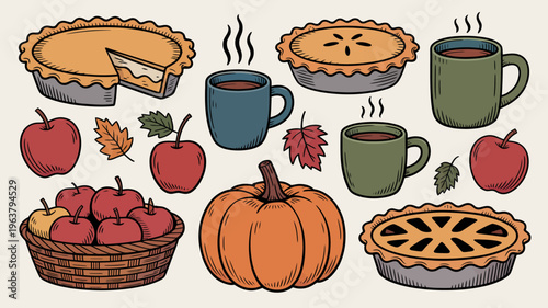 A colorful illustration depicts autumnal treats including pumpkin pie apple pie hot beverages apples a pumpkin and fall foliage high quality professional detailed modern elegant stylish