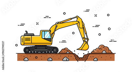 Yellow excavator digging into ground.