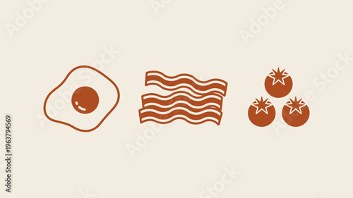 A minimalist illustration depicts a classic breakfast spread featuring a fried egg crispy bacon strips and three ripe cherry tomatoes high quality professional detailed modern elegant