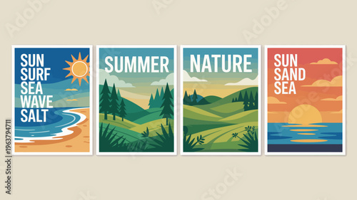 A set of four vibrant retro style posters depicting summer scenes with themes of sun sea nature and landscapes high quality professional detailed modern elegant stylish