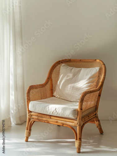 Title:
Minimal Wooden Chair with Cushion Near Window, Cozy Home Interior Design
