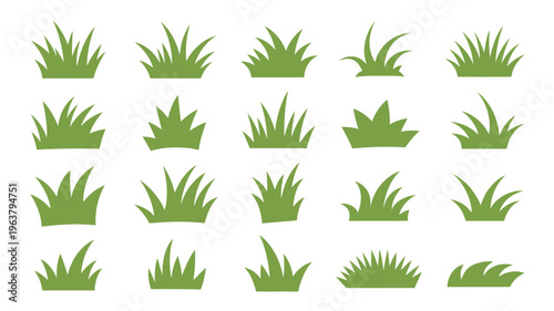 A collection of various green grass tufts and blades are displayed on a plain white background showcasing different shapes and styles high quality professional detailed modern