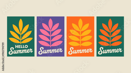 A vibrant graphic features four rectangular panels each showcasing a stylized leaf in a different color alongside hello summer high quality professional detailed modern elegant stylish