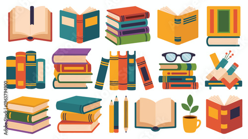 A colorful assortment of open and stacked books reading glasses pencils and a coffee mug suggests a love for learning high quality professional detailed modern elegant