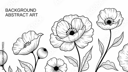 A black and white floral illustration depicts several poppy flowers with detailed linework against a clean white background high quality professional modern elegant stylish crisp vibrant