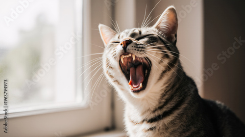 Funny pic yawning cat near window soft light adorable pet moment