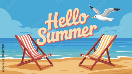A vibrant illustration depicts a beach scene with the words hello summer above two red and white striped deck chairs and ocean waves high quality professional