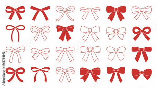 An assortment of decorative bows in red and white are arranged in a grid pattern on a plain white background high quality professional detailed modern elegant