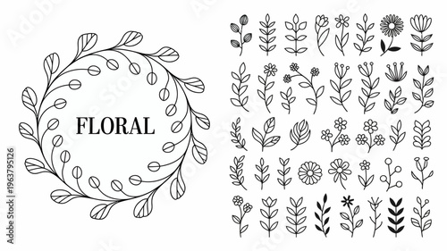 A collection of hand drawn floral elements and a circular wreath with the word floral centered within its open space high quality professional detailed modern elegant