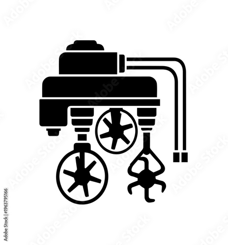 Creative Minimal Silhouette Vector Illustration of Robotic Arm Machinery with Propellers for Advanced Manufacturing and Marine Technology Logo Design