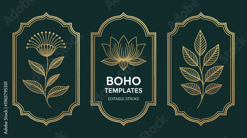 Three ornate golden frames display botanical illustrations of flowers and foliage accompanied by the text boho templates high quality professional detailed modern elegant stylish clean crisp