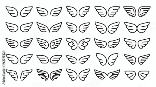 A collection of various black and white wing designs is shown arranged in a grid pattern against a clean white background high quality professional detailed modern