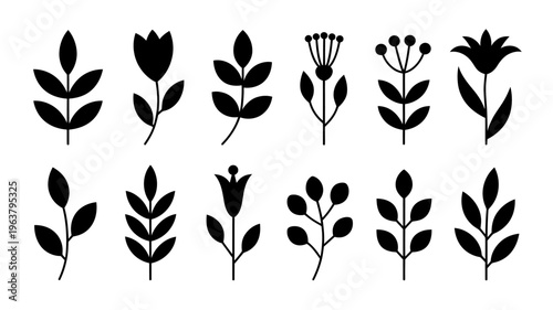 A collection of stylized black floral and leaf elements are displayed on a white background showcasing botanical simplicity high quality professional detailed modern elegant stylish clean
