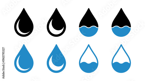 A collection of eight water droplet icons are displayed featuring a mix of black white and blue color schemes high quality professional detailed modern elegant stylish
