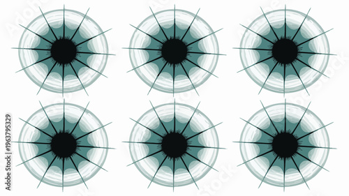 A grid of six circular designs features a central black hole surrounded by radiating teal lines creating a symmetrical abstract pattern high quality professional detailed modern