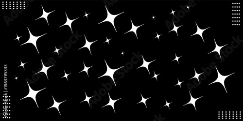 White confetti sprinkled on a dark background. Repeating pattern of sparkling white dots. Illustration of scattered sparkling stars. Repeating background for creative banner designs, birthday.