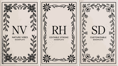 Three rectangular bookplates feature delicate floral designs and prominent initial letterings nv rh and sd high quality professional detailed modern elegant stylish clean crisp vibrant colorful