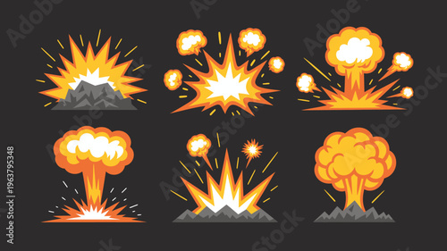 A colorful illustration depicts several distinct explosion effects ranging from mushroom clouds to sharp bursts on a dark background high quality professional detailed modern elegant stylish