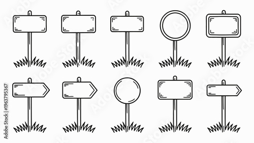 A collection of hand drawn signpost illustrations with various shapes and orientations including rectangles circles and arrows on grass high quality professional detailed modern elegant stylish