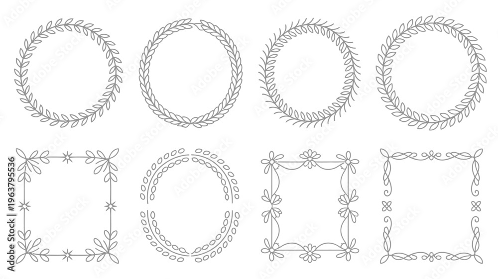 Obraz premium A collection of hand drawn floral frames and wreaths in black and white featuring circular and square shapes for decorative purposes high quality professional detailed modern
