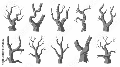 A collection of stylized grayscale tree silhouettes depicts various twisted and bare branches against a clean white background high quality professional detailed modern elegant stylish crisp