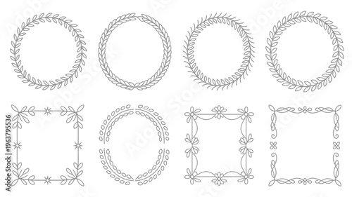 A collection of hand drawn floral frames and wreaths in black and white featuring circular and square shapes for decorative purposes high quality professional detailed modern