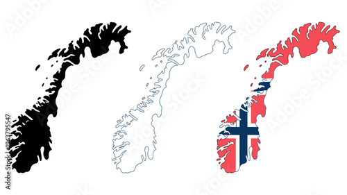 Three depictions of norway s shape are shown solid black white outline and colored with the norwegian flag high quality professional detailed modern elegant stylish clean