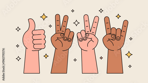 Four diverse hands display popular hand gestures including a thumbs up peace sign victory and rock on sign against a pale background high quality professional detailed